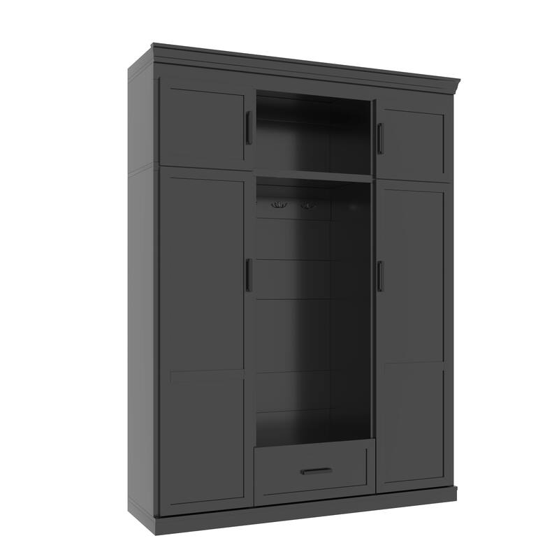85.2''H Hall Tree with Bench and 3 Hooks, Modern Entryway Storage Cabinet with 1 Drawer and Adjustable Shelves for Hallway
