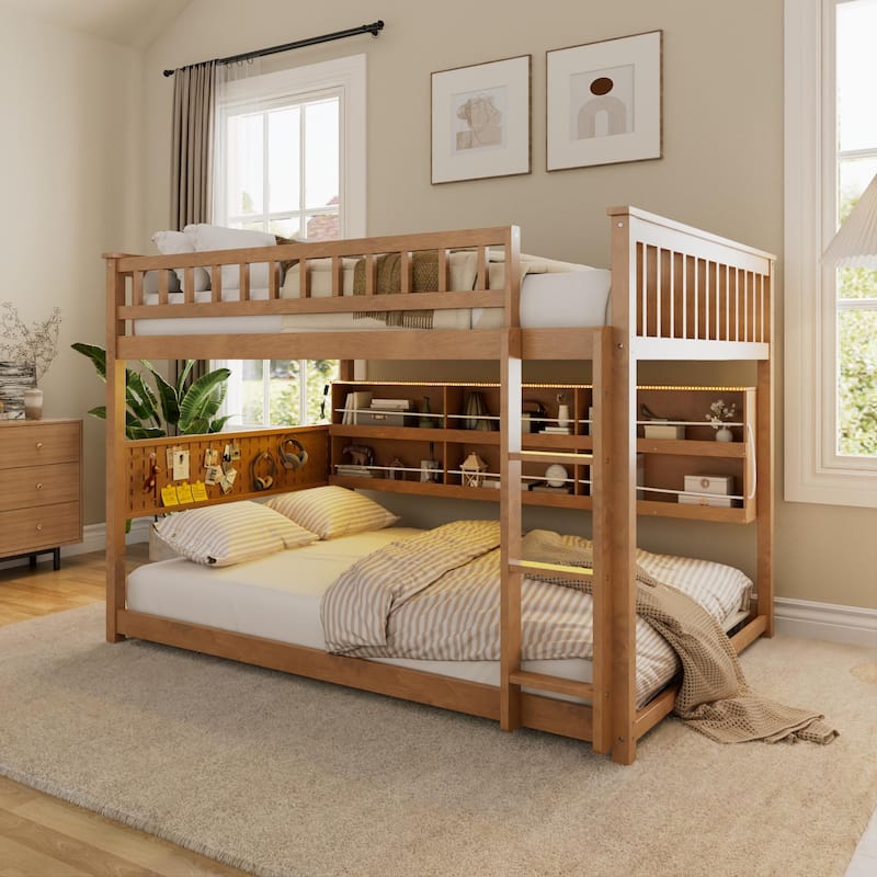 Full XL over Queen/Full over Full Bunk Bed with Integrated Shelving, Color-Changing Lights & Pegboard