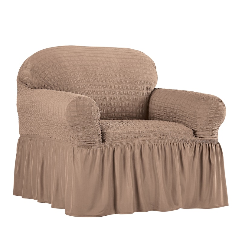 Textured Squares Ruffled Slipcover - Chair - Taupe