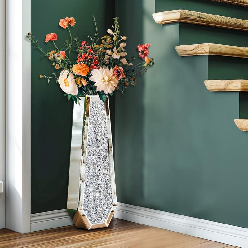 Glam Tall Crushed Diamond Floor Vase Crystal Silver for Home Decor