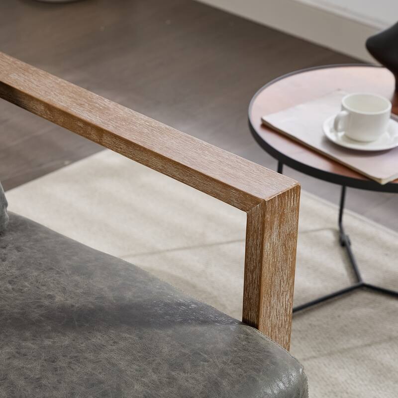 Swivel Accent Chair with Wood Armrests, Modern Faux Leather Arm Chair for Living Room, Comfy Club Reading Chairs for Bedroom