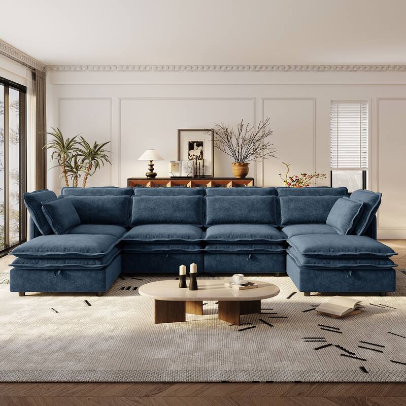 Modern Large U-Shaped Modular Sofa with Movable Storage Ottoman,. Upholstered Deep Seat Sofa with Double-Layer Cushion