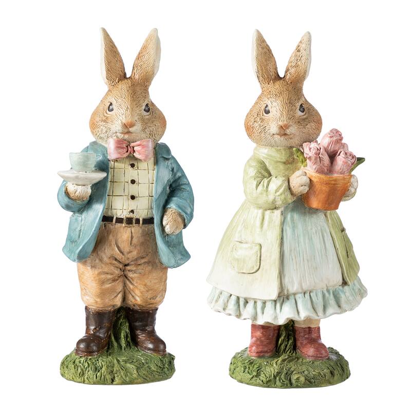 Glitzhome Easter Resin Bunny Boy Girl Table Decor with Flower Rabbit Figurine Ornaments