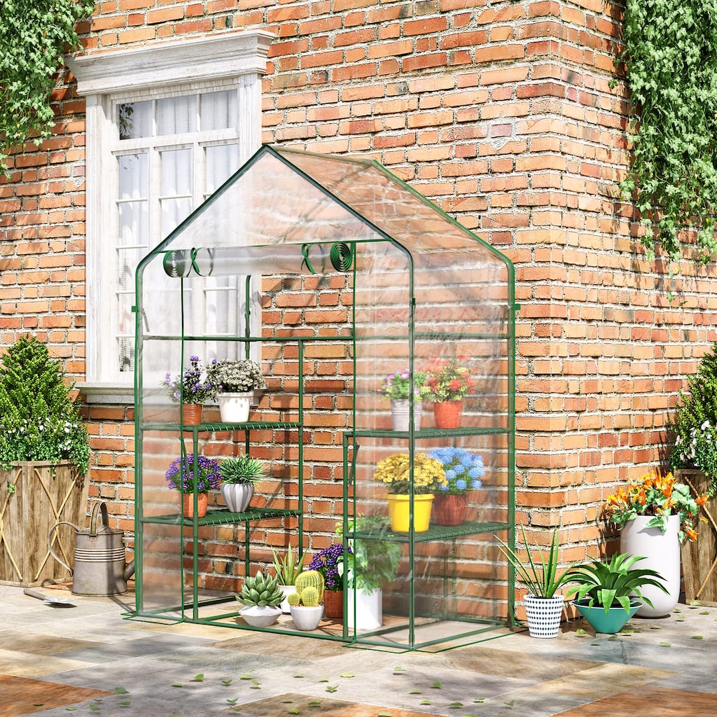 Outsunny 56" x 29" x 77" Mini Greenhouse, Walk-in Greenhouse, Garden Hot House with 4 Shelves, Roll-Up Door