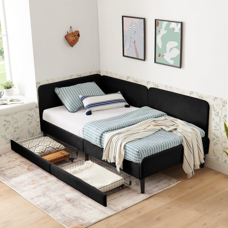 Anmytek Black Velvet Storage Bed Frame with Drawers Modern Upholstered Platform Bed for Small Spaces - Black