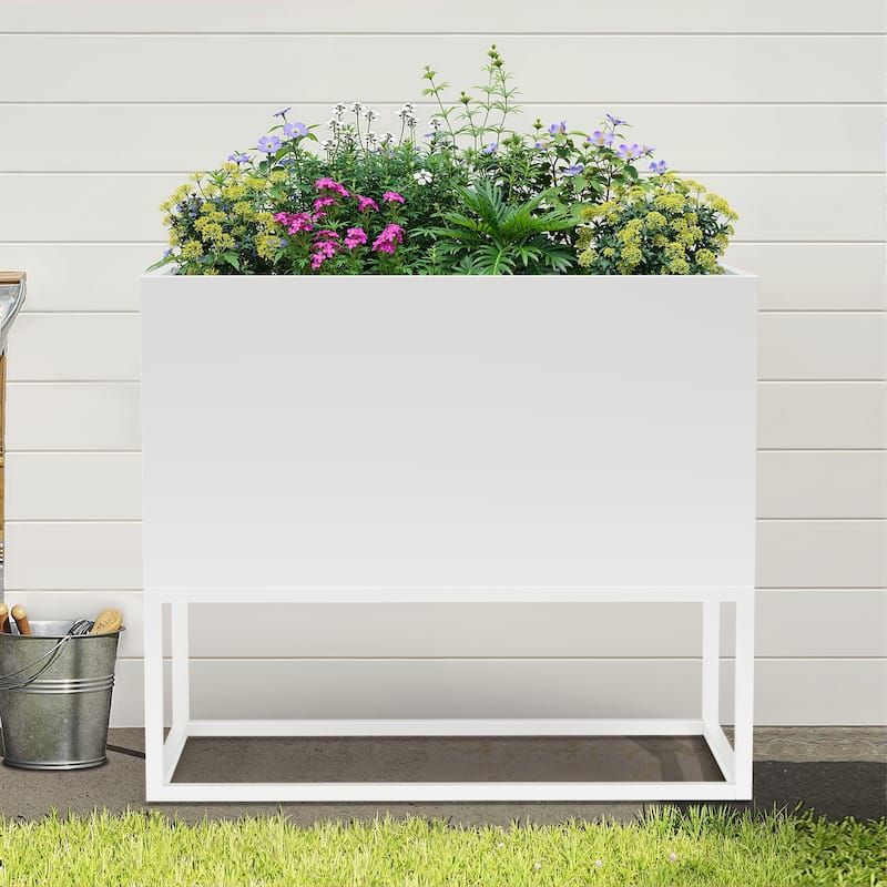 Metal Movable Planter Box with Trellis Privacy Screen Planter Box with Lockable Wheels - White