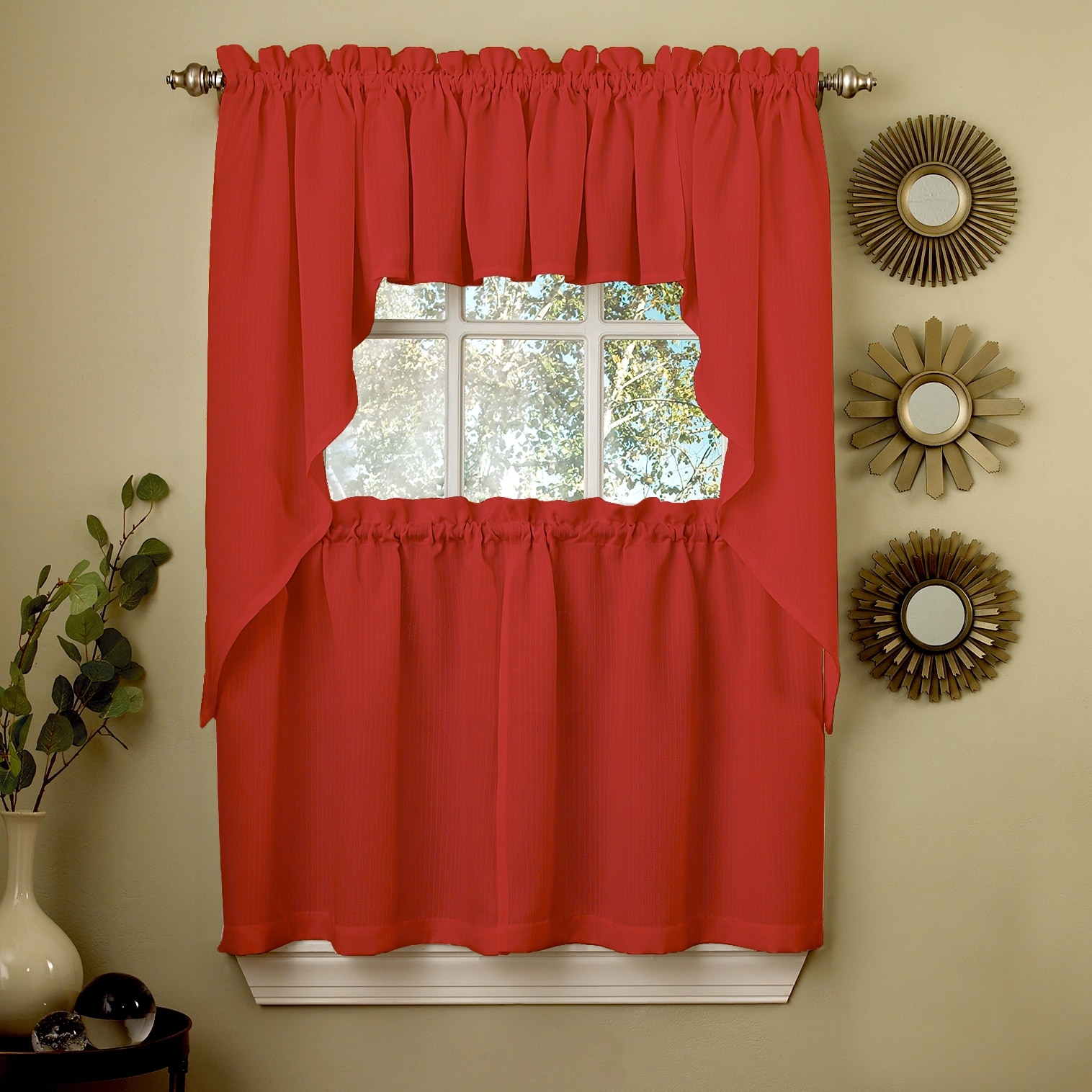 Sweet Home Collection Opaque Red Ripcord Kitchen Window Curtains - Swag, Tier & Valance