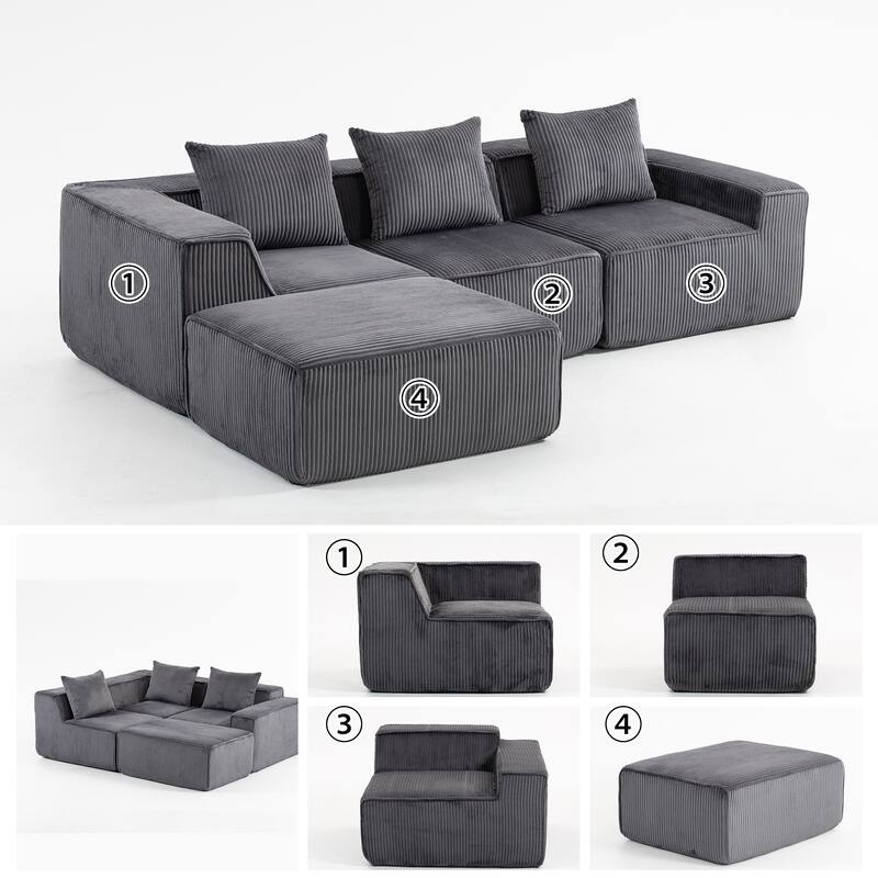 Modular Sleeper Sofa Bed Corduroy L-shaped Sectional Sofa with Chaise Floor Standing Multi Person Compressed Sofa with Ottoman