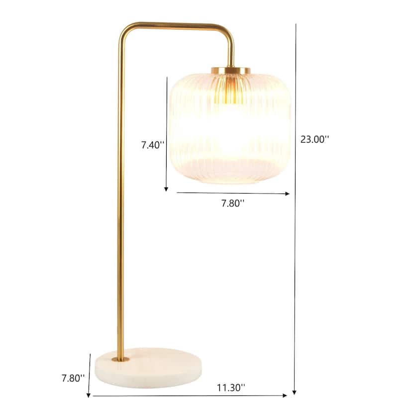 Glass Table Lamp with Gold Brush Metal and Marble Base, Button Control, 23-Inch Height