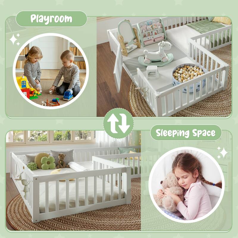 Twin Size House Floor Bed, Double Twin Floor Bed with Door and Full-length Guardrails, Multi-function Design