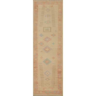 Hand Woven Oriental 100% Wool Carpet Southwestern Tribal Beige & Ivories Kilim Runner Rug - 11' 7'' X 2' 6''