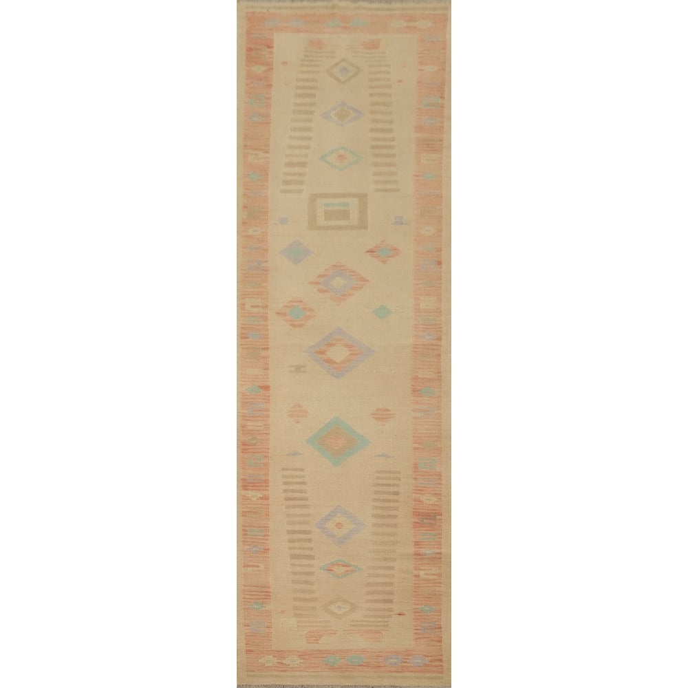 Hand Woven Oriental 100% Wool Carpet Southwestern Tribal Beige & Ivories Kilim Runner Rug - 11' 7'' X 2' 6''
