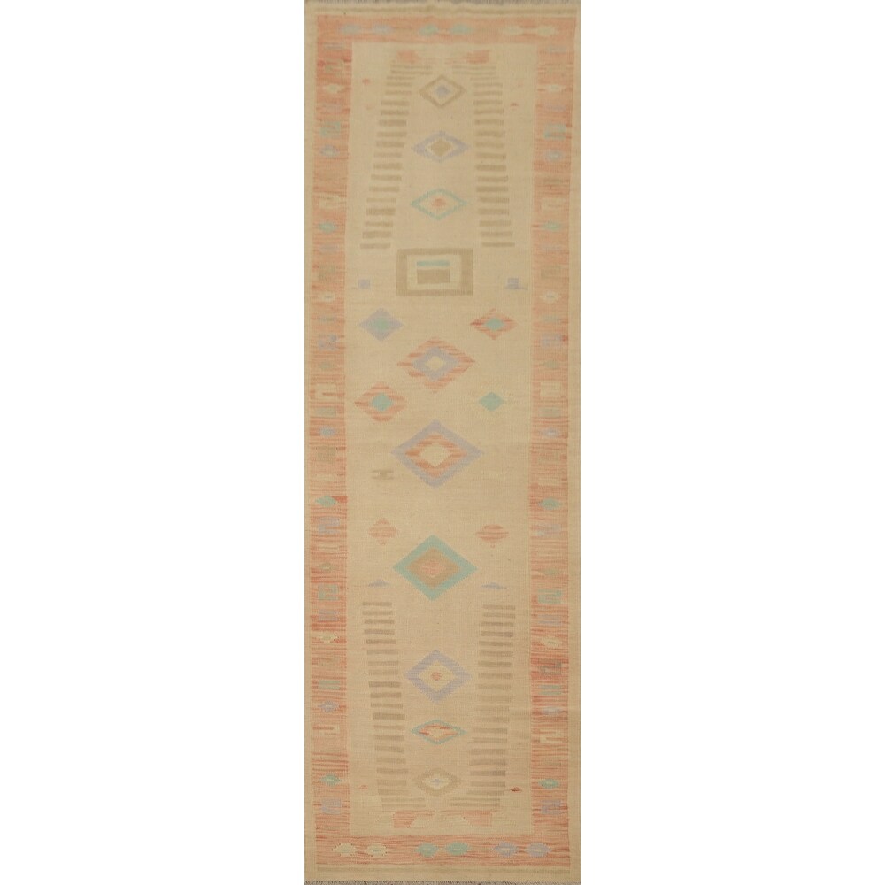Hand Woven Oriental 100% Wool Carpet Southwestern Tribal Beige & Ivories Kilim Runner Rug - 11' 7'' X 2' 6''