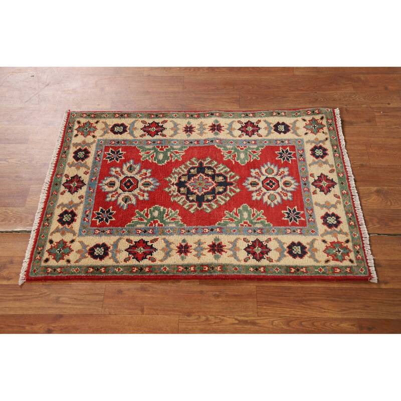 Red Kazak Oriental Foyer Rug Hand-Knotted Traditional Wool Carpet - 2'0" x 3'0"