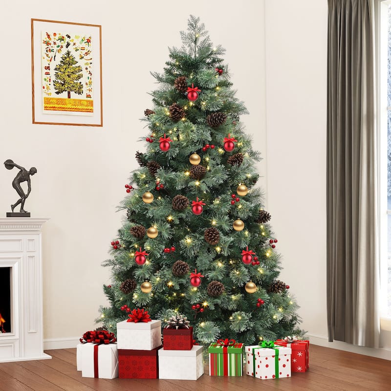 7.5ft Prelit Artificial Carolina Pine Christmas Tree with Remote, Green Artificial Hinged Christmas Tree w/ 1200 Mixed Tips - 7.5 Foot