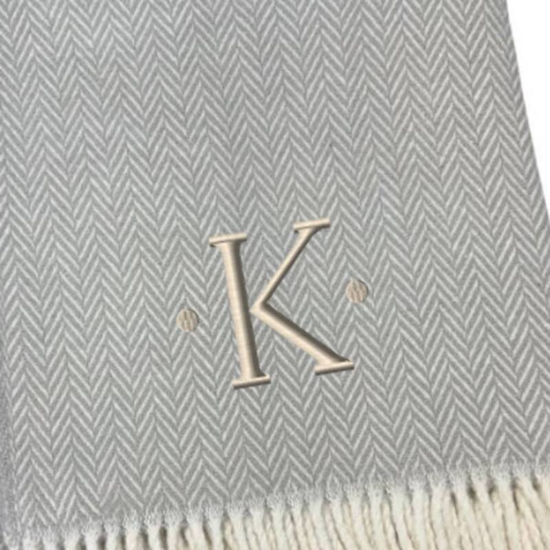 55" X 70" Gray And White Herringbone Cotton Blend A Initial Throw Blanket with Tassels And Embroidery