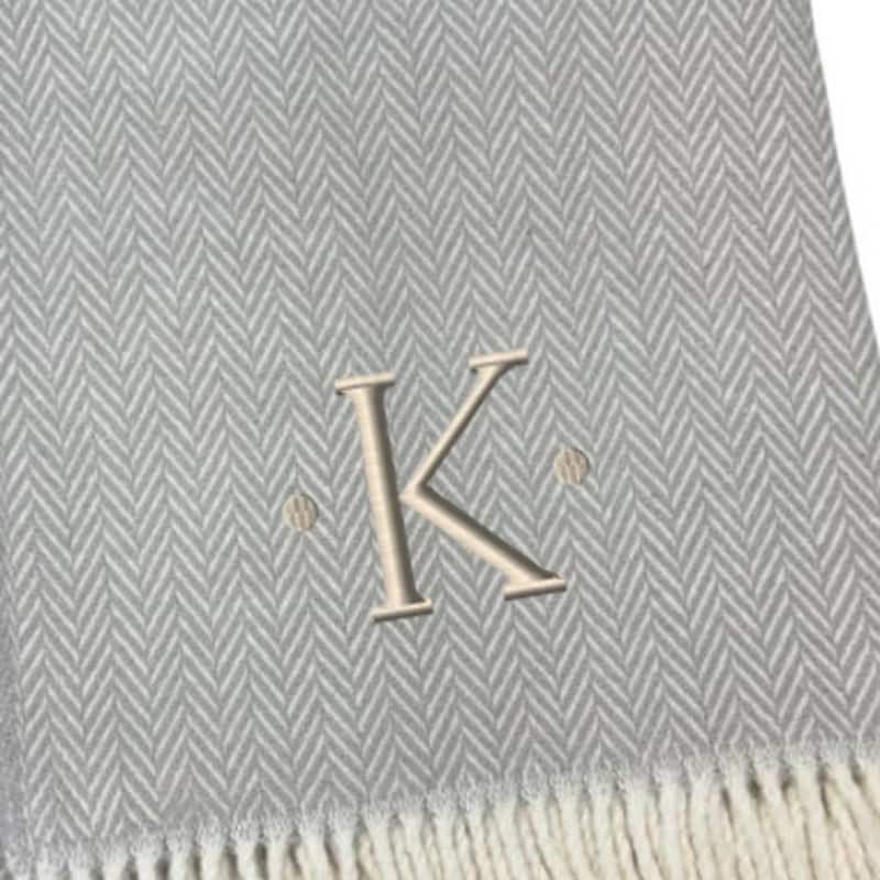 HomeRoots 55" X 70" Gray And White Herringbone Cotton Blend K Initial Throw Blanket with Tassels And Embroidery