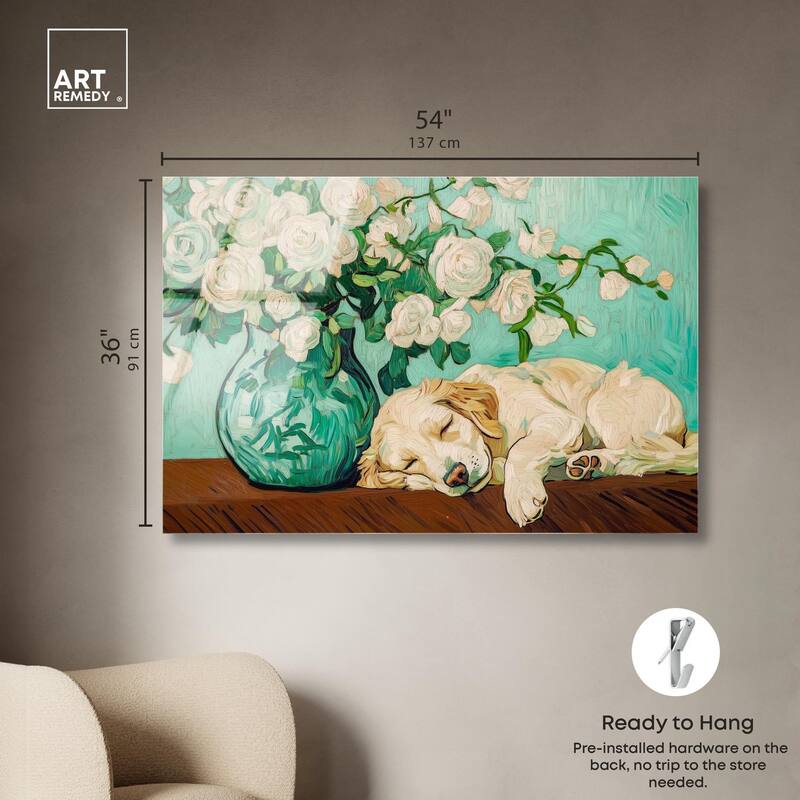 Rose Vase Puppy Acrylic by Art Remedy, Ready to Hang