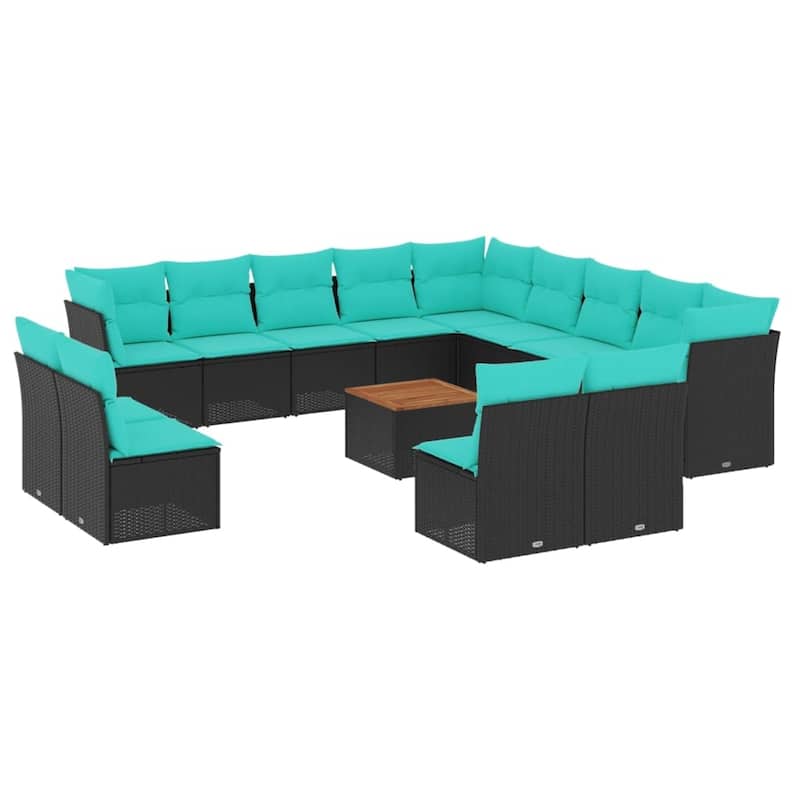 vidaXL 14 Piece Patio Sofa Set with Cushions Black Poly Rattan - 24.4 x 24.4 x 27.2