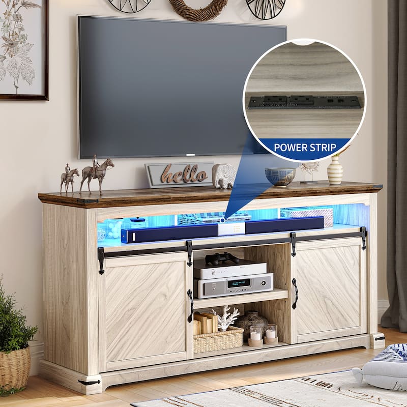 Moasis Farmhouse TV Stand for TV up to 75" Sliding Barn Door Media Console with LED Lights