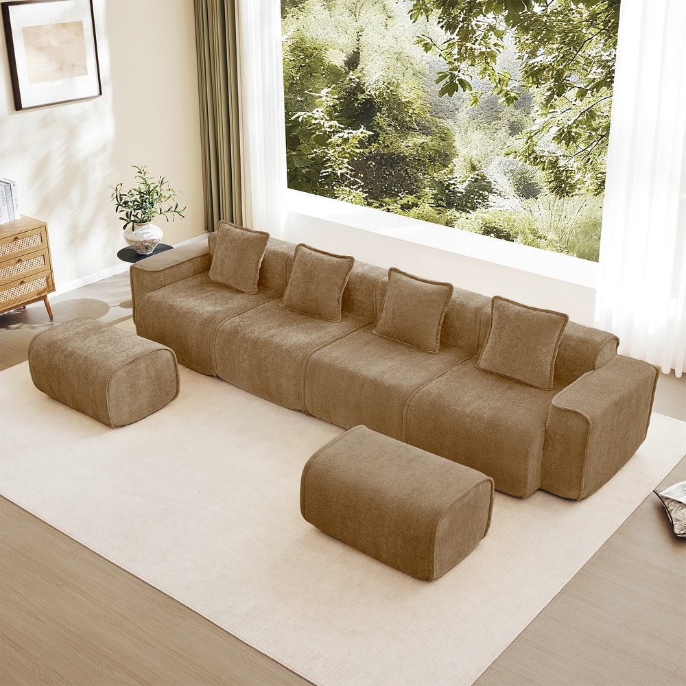 GDFStudio - Velvet Streamlined Modular 4-Seater 138.58" U-Shaped Sectional Sofa with 2 Ottomans