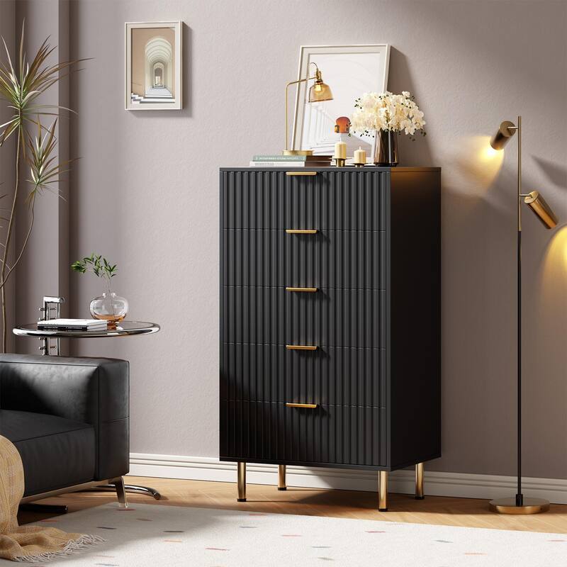 5 Drawer Fluted Dresser for Bedroom, Tall Modern Chest of Drawers with Deep Storage and Wide Top