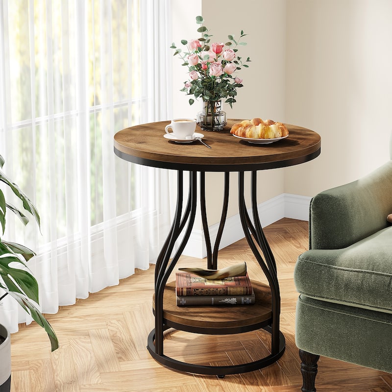 2-Tier Faux Marble Round End Side Table with Stylish Metal Frame,Modern Simple Bedside Nightstand Accent Tables