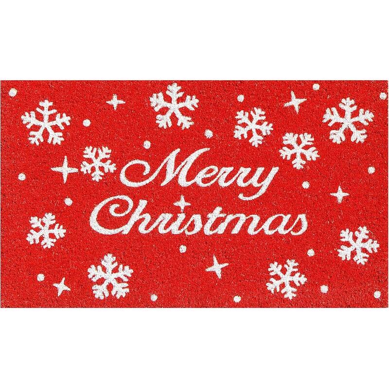 HomeRoots 24" X 36" Red And White Christmas Snowflake Merry Christmas Outdoor Coir Door Mat - 24.00' X '36.00