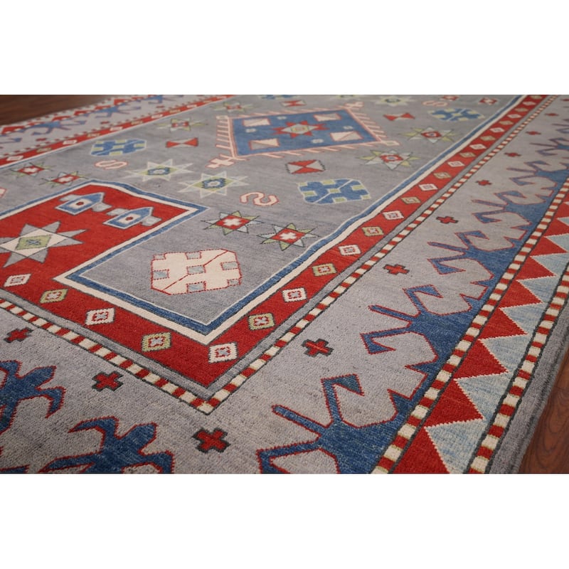 Gray Geometric Kazak Oriental Area Rug Hand-Knotted Wool Carpet - 6'7" x 10'2"