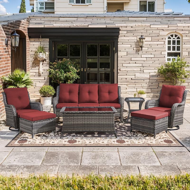 Pocassy Outdoor 7PCS 3-Seat Sofa Swivel Chairs Table Ottoman - Red cushion - Gray Wicker