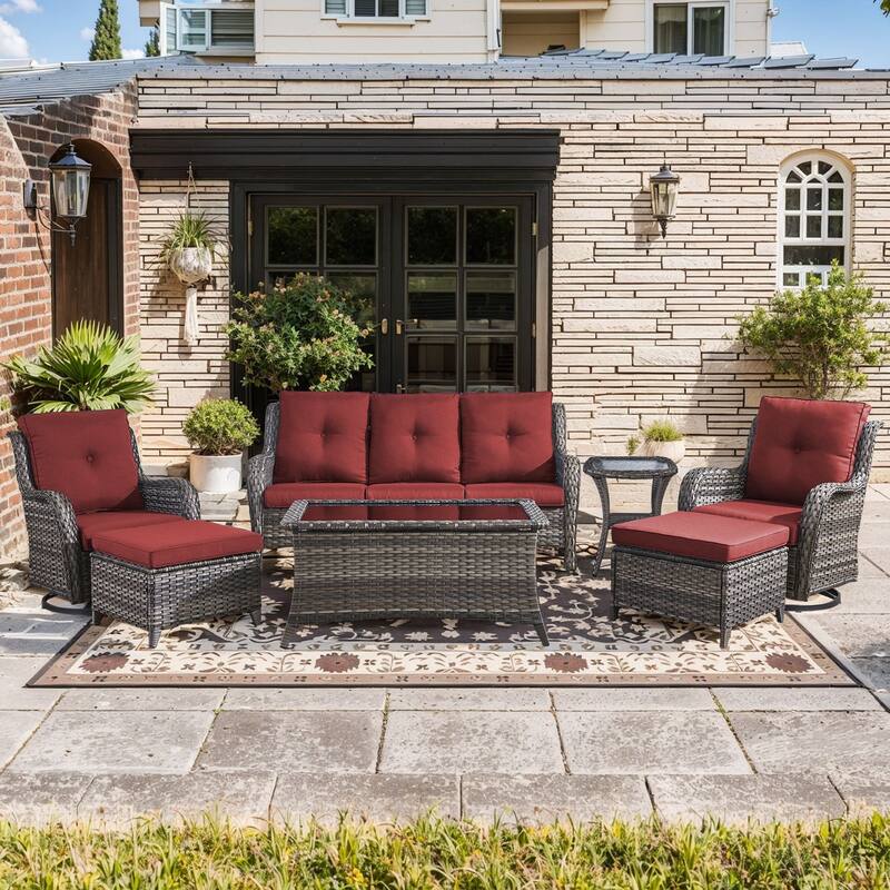 Pocassy Outdoor Sofa Swivel Chairs Table Ottoman 4 Inch Set - Grey Wicker Red Cushion - 7 Pieces 3-Seat Sofa Swivel Chair Table Ottoman