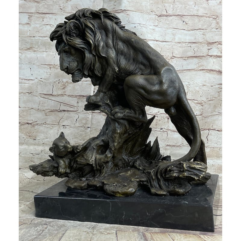 Male Imitative Lion W/ Cub Bronze Statue Sculpture Figure Barye Decor 14 Inches X 12 Inches