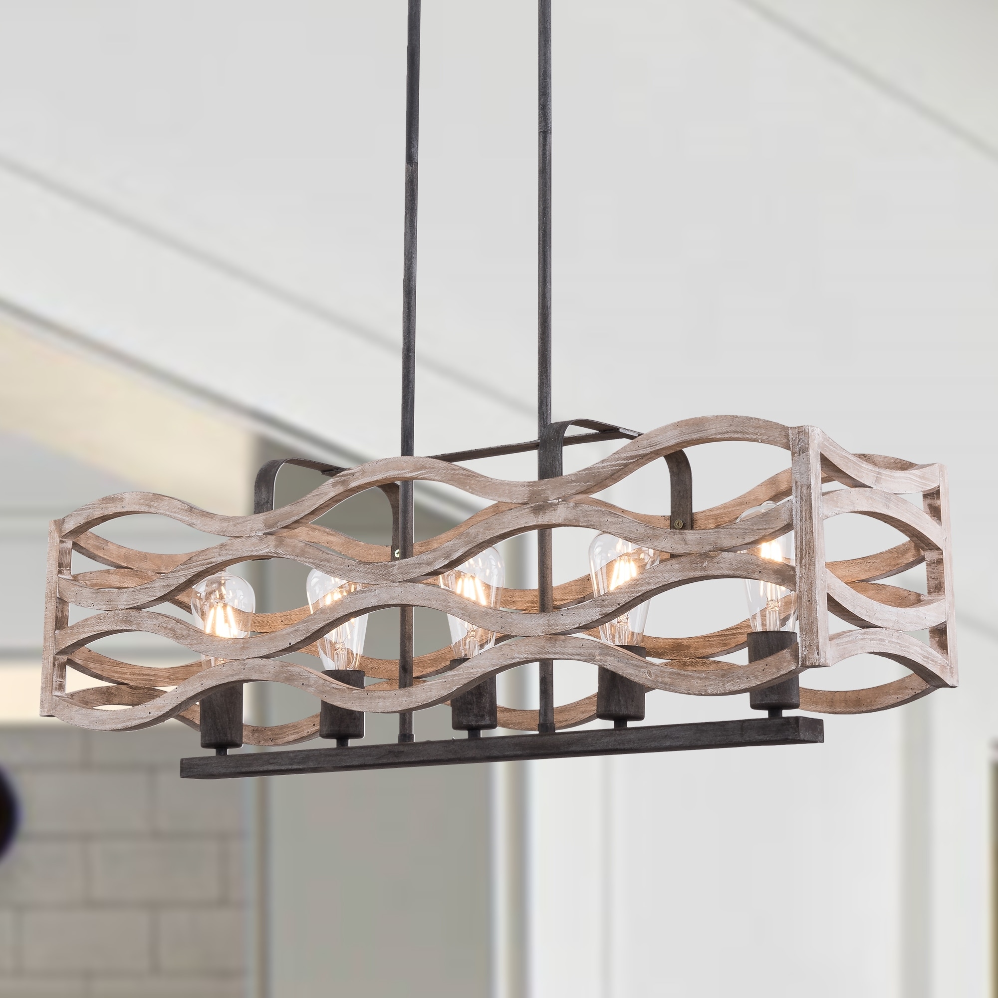 Coastal 5-Light 34" Distressed Wood Chandelier, Dimmable Pendant Light for Kitchen Island Beach House
