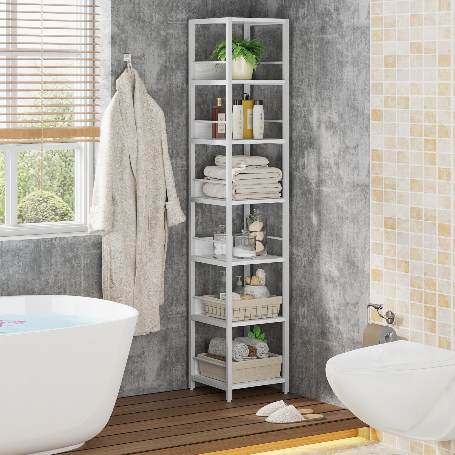 Industrial 75'' Tall Solid Corner Shelves, 6-Tier Narrow Bookshelf Storage Rack Display Stand