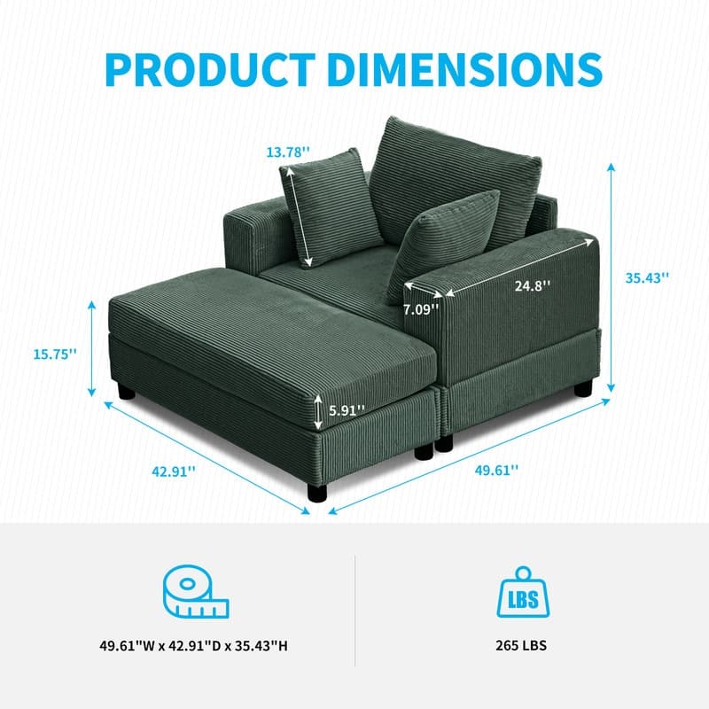 Mixoy 50 "D Sofa Chair with Ottoman, 2 Cushions, Large Corduroy Upholstered Comfy Chaise Lounge Deep Seat Sleeper Chair Indoor