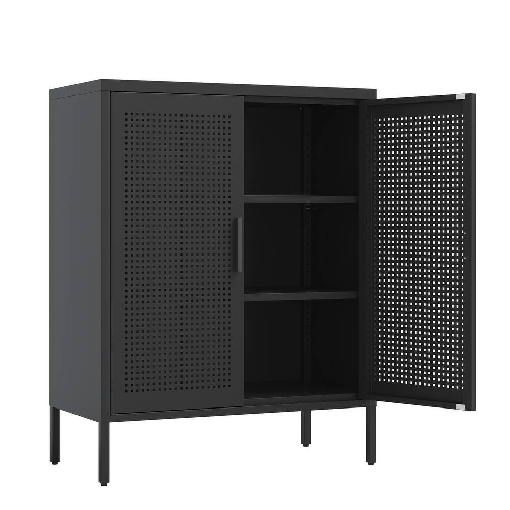 Metal Storage Cabinet with 2 Doors and 2 Adjustable Shelves, Steel Lockable Garage Storage Cabinet