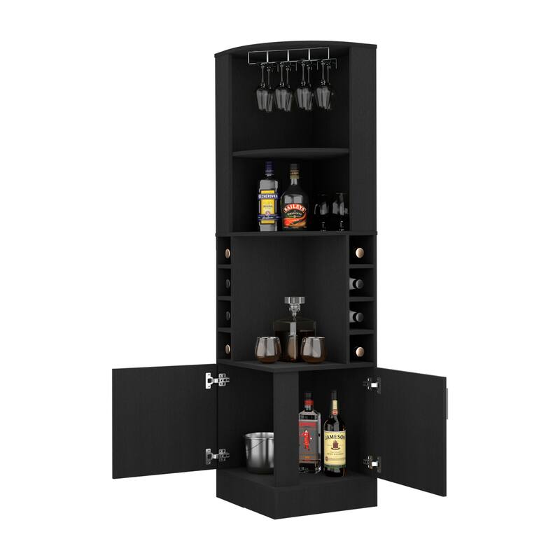 FM Furniture The Seattle Corner Bar Cabinet with 3 Open Shelves, Glass Rack, 8 Bottle Cubbies, and Double Doors