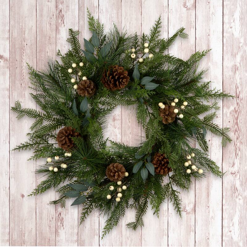 National Tree Company 2 ft. Artificial Inspired by Nature Christmas Wreath with White Berries, Pinecones, and Cypress Tips