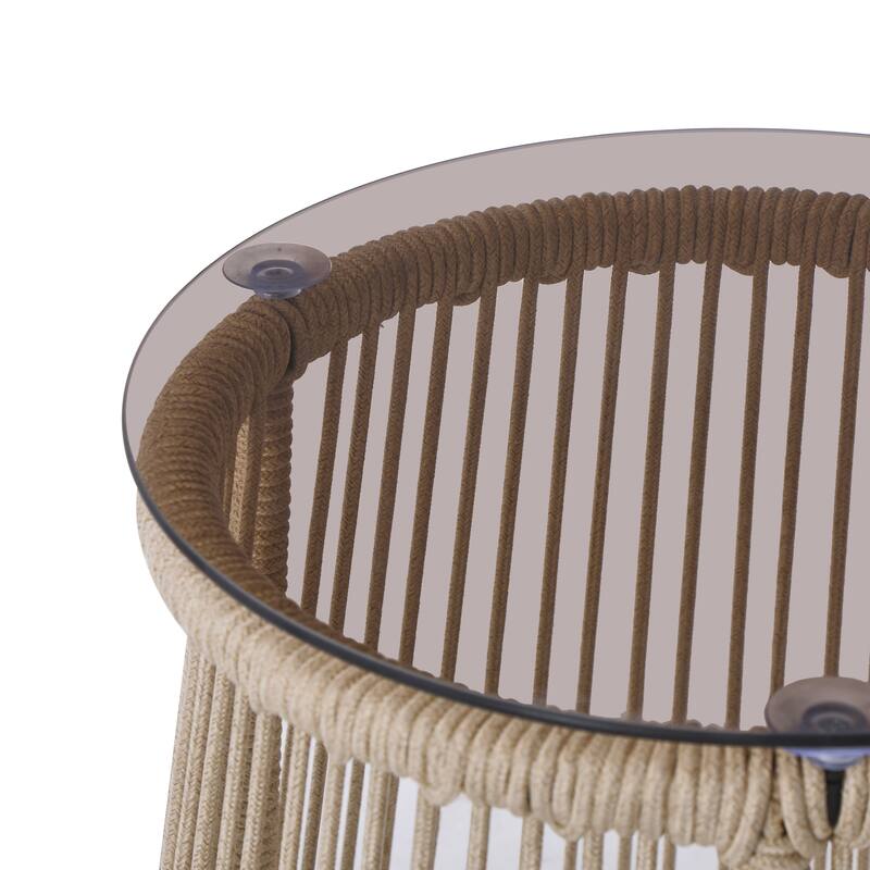 Roomfitters Moonstone Outdoor Woven Rope Side Table with Tempered Glass Top, Modern Drum Design, Light Brown - Light Brown