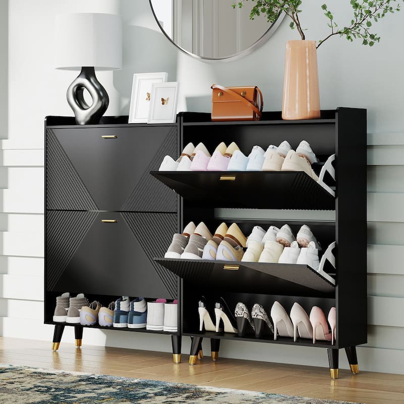 Slim Shoe Cabinet, Fluted Hidden Shoe Storage Cabinet with 2 Flip Drawers
