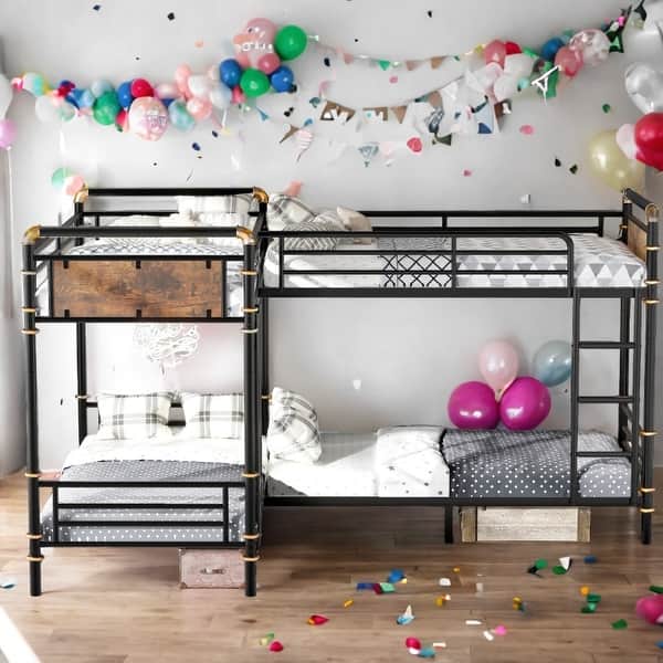 slide 2 of 16, Queen Size Bunk Bed for 4 Kids,Metal Twin Bunk Triple Bed Frame Black