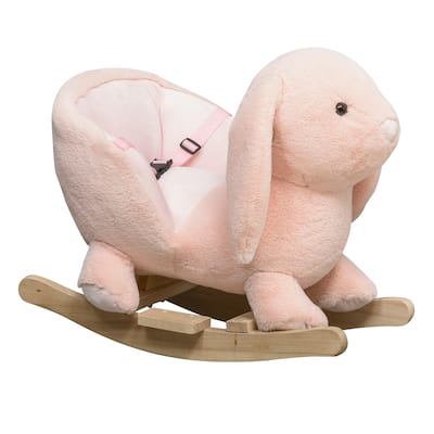 Plush Bunny Rabbit Rocking Horse with Sounds, Safety Seatbelt, and High Back - Baby Rocker for Toddlers 18-36 Months
