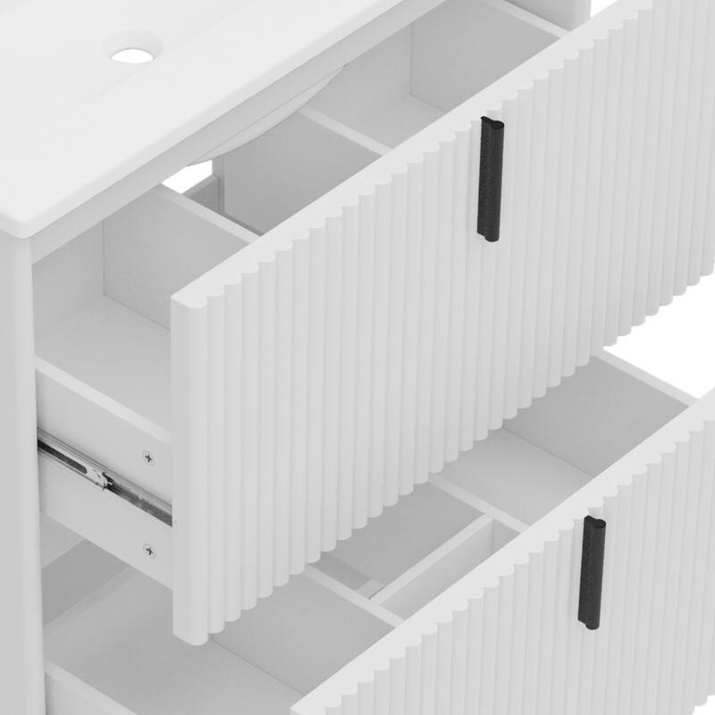 Bathroom Vanity with Ceramic Sink, Freestanding Bathroom Storage Cabinet, Fluted Bathroom Vanity with 2 Full-Extension Drawers