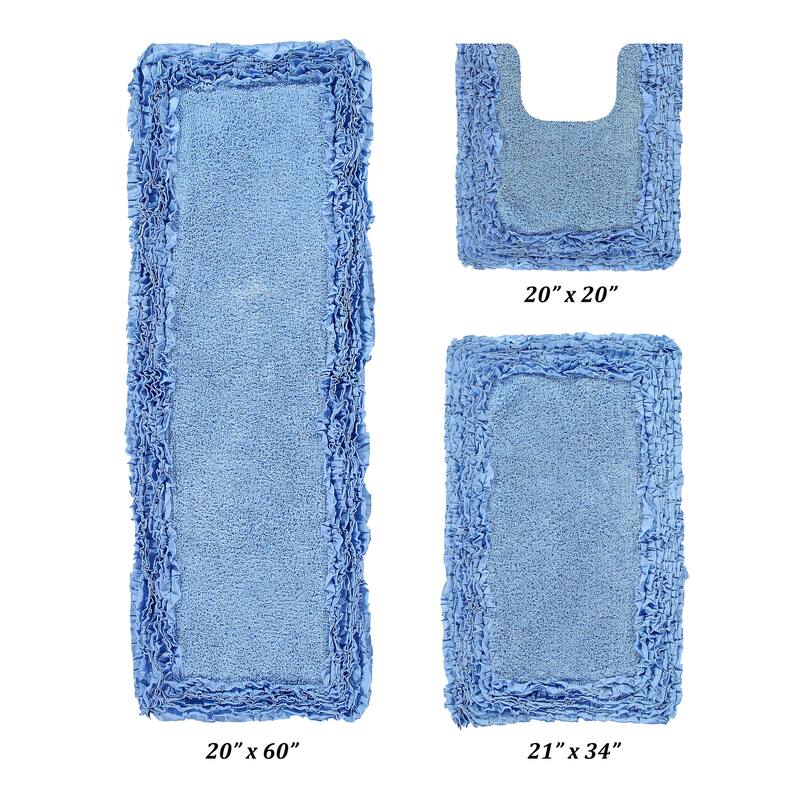 Better Trends Shaggy Border Collection Bathroom Rug -100% Cotton Tufted, Non-Skid Spray Latex Backing, Machine Washable Bath Mat - 3 Piece Set (20" x 20" | 21" x 34" | 20" x 60") - Blue