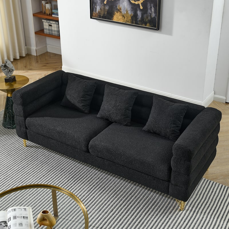 Modern Cloud Style 3-seater Sofa with 3 Pillows & Polished Metal Legs - Black