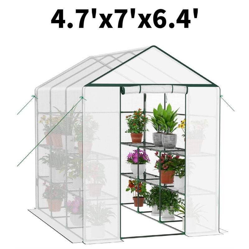 4.7'x7'x6.4' Walk-in Greenhouse with 12 Shelves, Outdoor All-Season Plant Tent - Metal