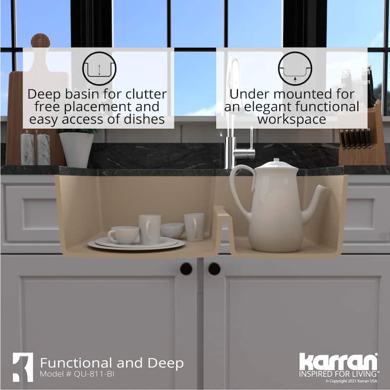Karran 32" Undermount Large/Small Bowl Quartz Kitchen Sink Kit - 32" x 21.25" x 9"