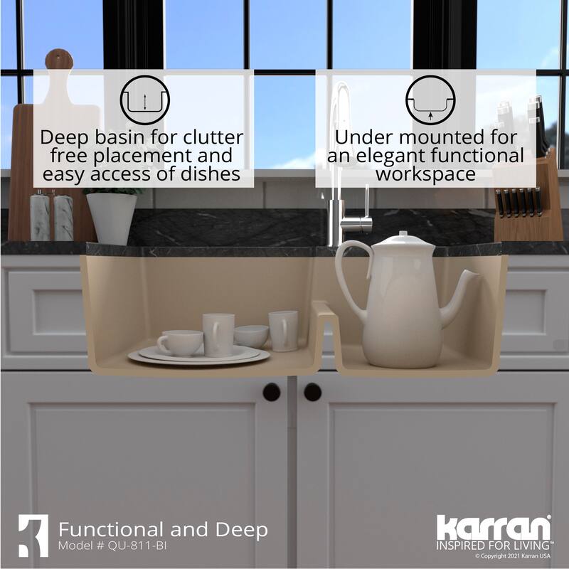 Karran Undermount Large/Small Bowl Quartz Kitchen Sink - 32" x 21.25" x 9" - 32" x 21.25" x 9"