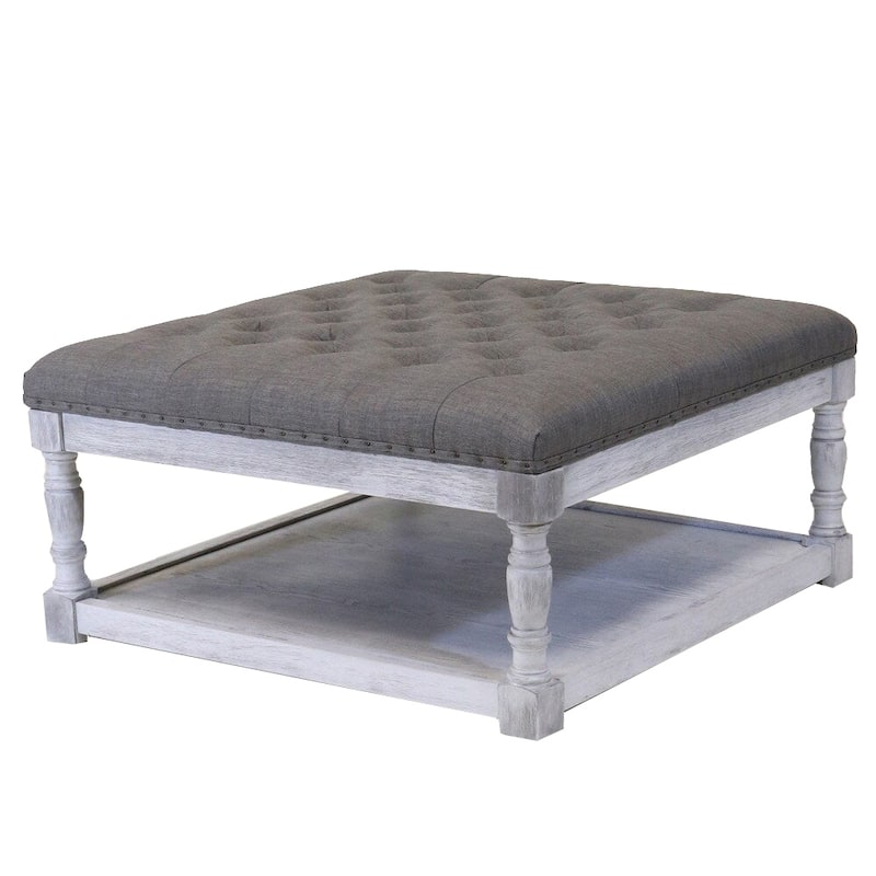 Cairona Tufted Textile 34-inch Shelved Ottoman Table - Grey Top/White Wood