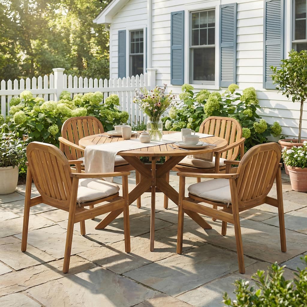 Christopher Knight Home - Evergrove Outdoor Acacia Wood 5-Piece Dining Set with Cushioned Chairs